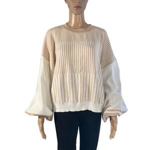 Indikah Women's M Pullover Sweater Striped Crewneck Long Ballon Sleeve Oversized